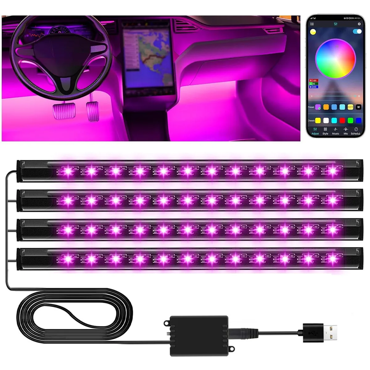  Winzwon LED Car Interior Light Kit, App-Controlled, Music Sync, 3.2ft &amp; 5.2ft Strips — product photo