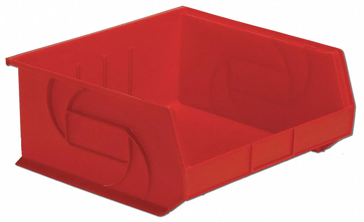Red plastic hang and stack storage bin with label holder and divider slots