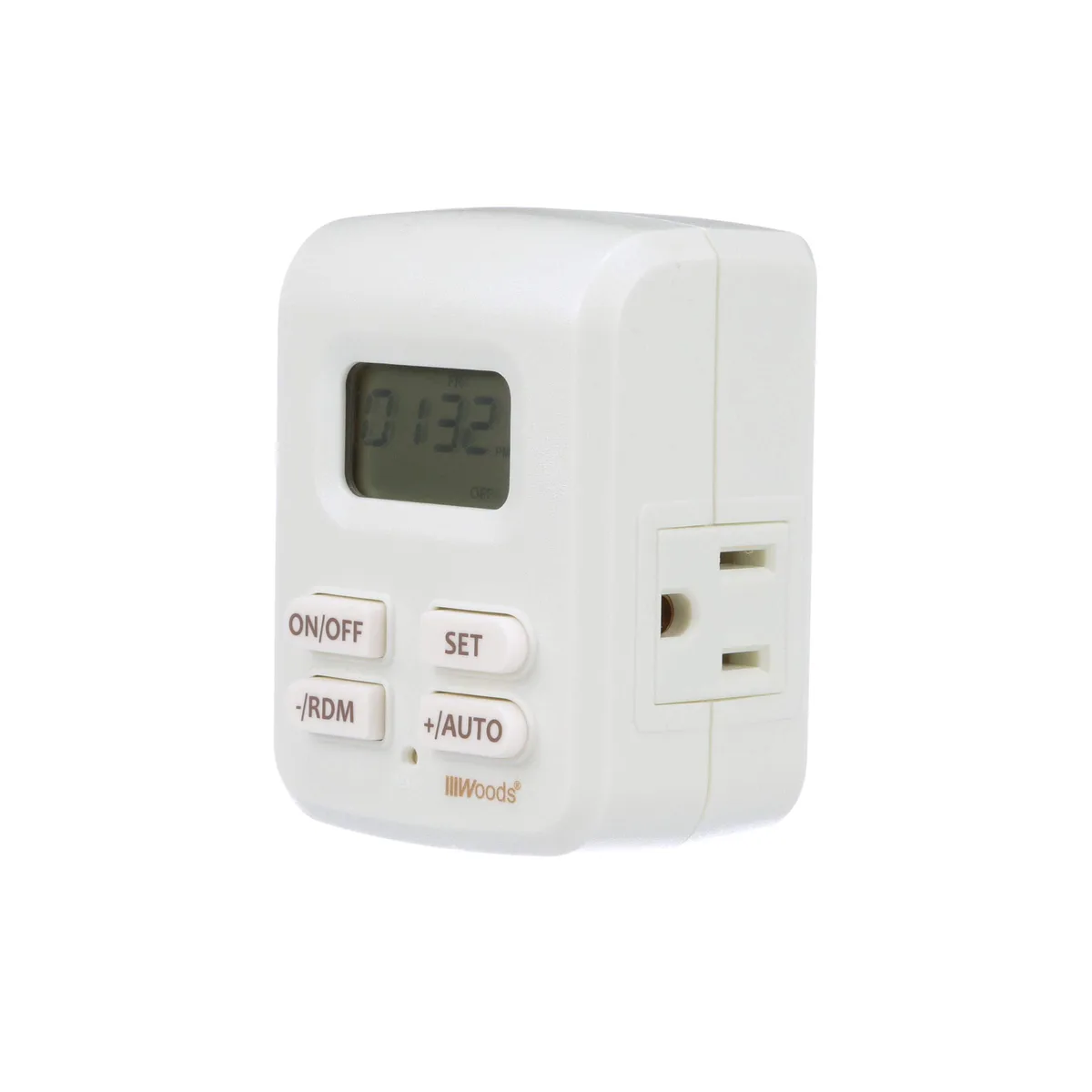 White rectangular plug-in timer with two grounded outlets on the front face