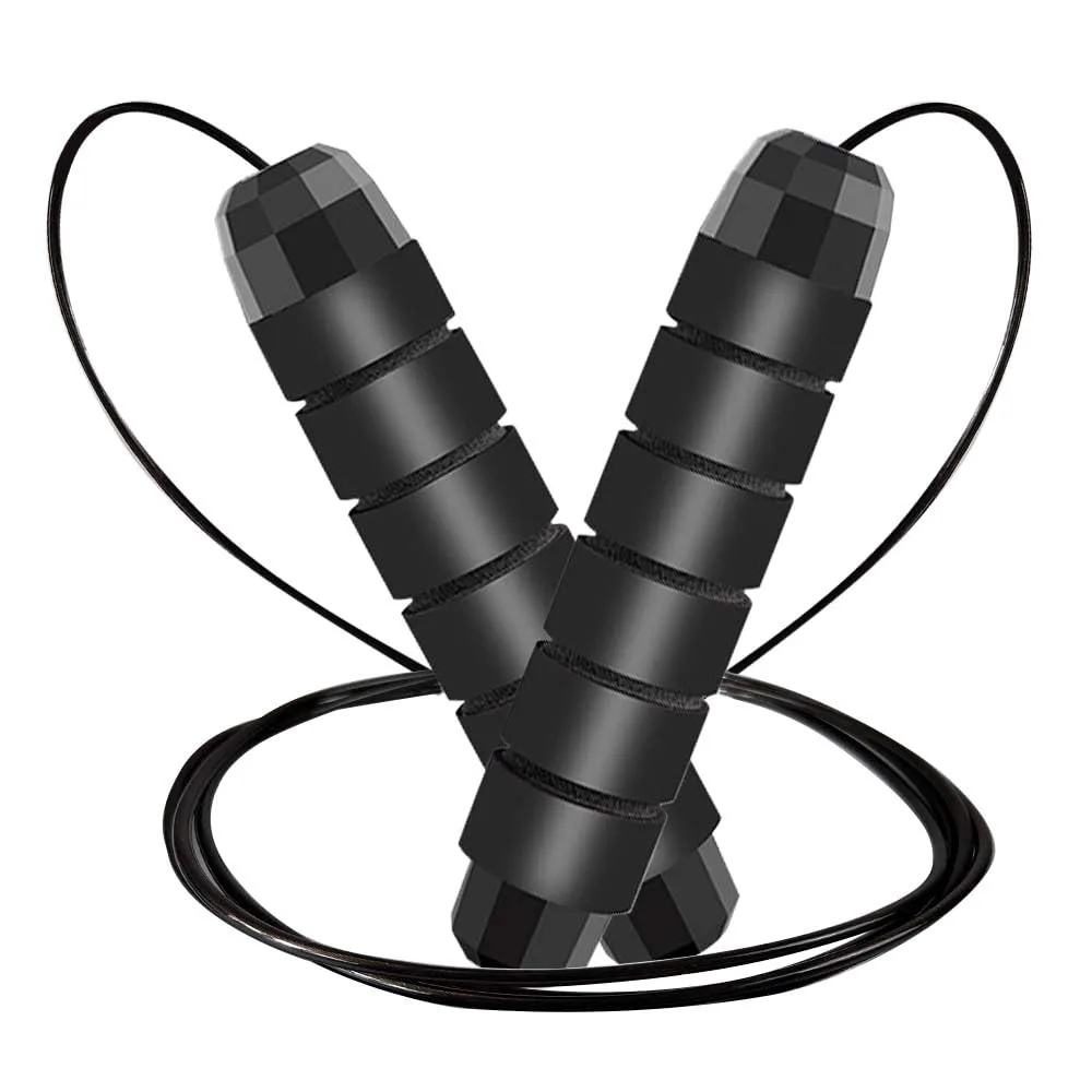 Black adjustable jump rope with PVC-coated steel cable, ball-bearing handles wrapped in memory foam, 9.8 ft long