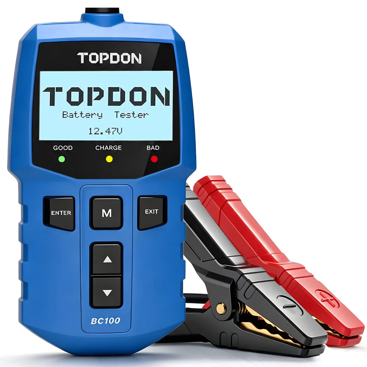 Compact rectangular 12V battery tester with long clamp cables