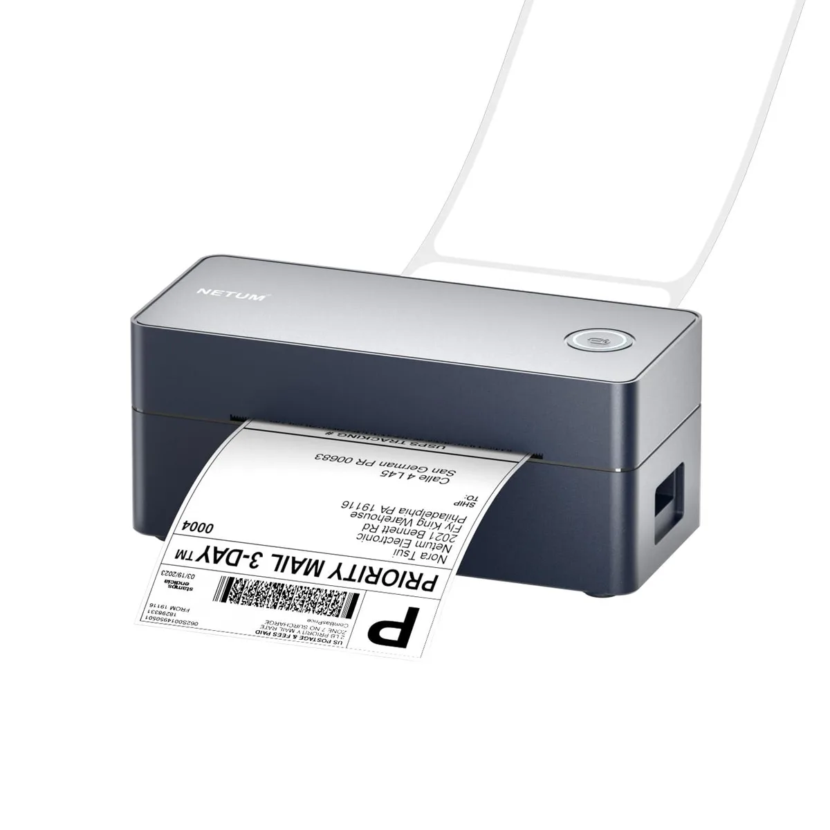 Compact white thermal label printer, 18 by 7.5 by 7.8 cm, USB port visible