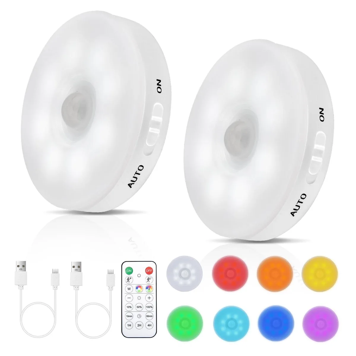 Two white rectangular LED lights with motion sensors and remote control