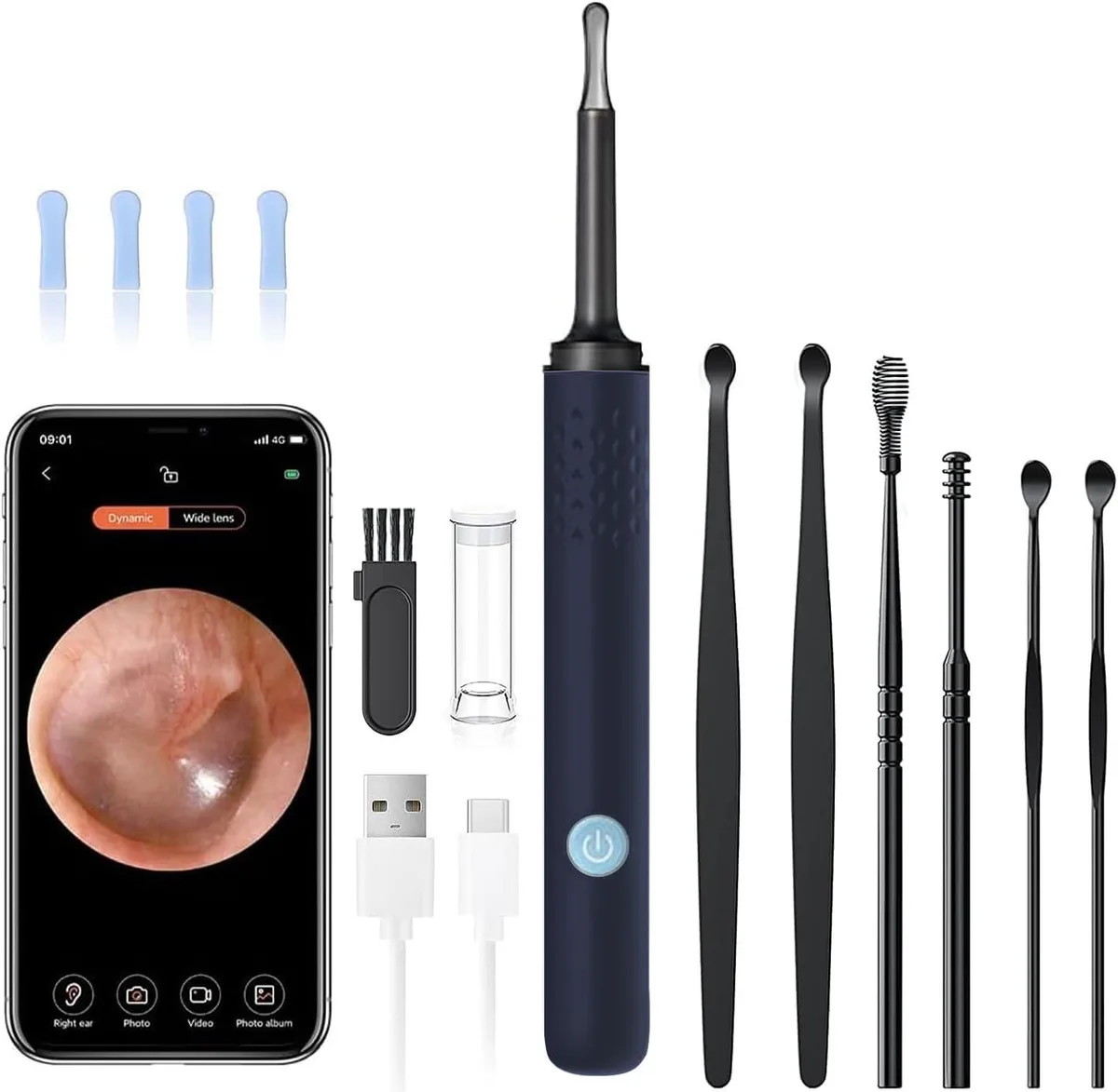 Dark blue ear camera kit with curved scoops and charging cable