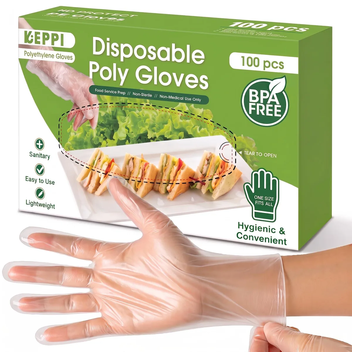  Keppi 100pk Disposable Gloves Medium 100 pcs 11.2 x 9.8 inches — product photo