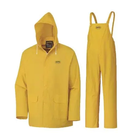Bright yellow PVC waterproof work suit with jacket, detachable hood and bib pants