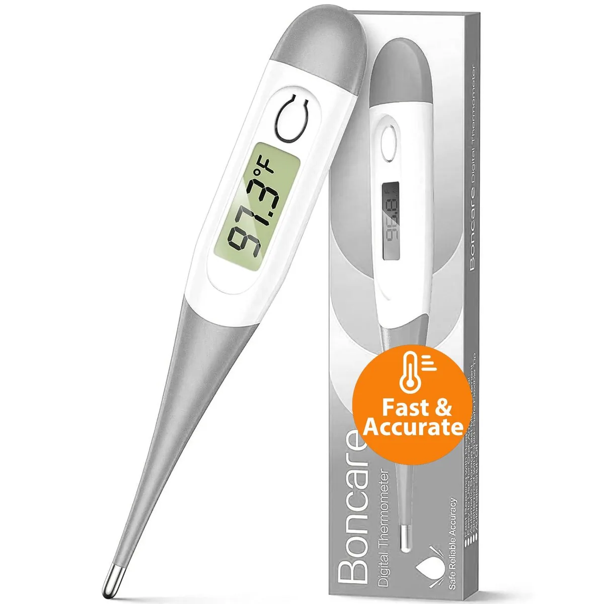 Gray digital stick thermometer with soft silicone tip and LCD display