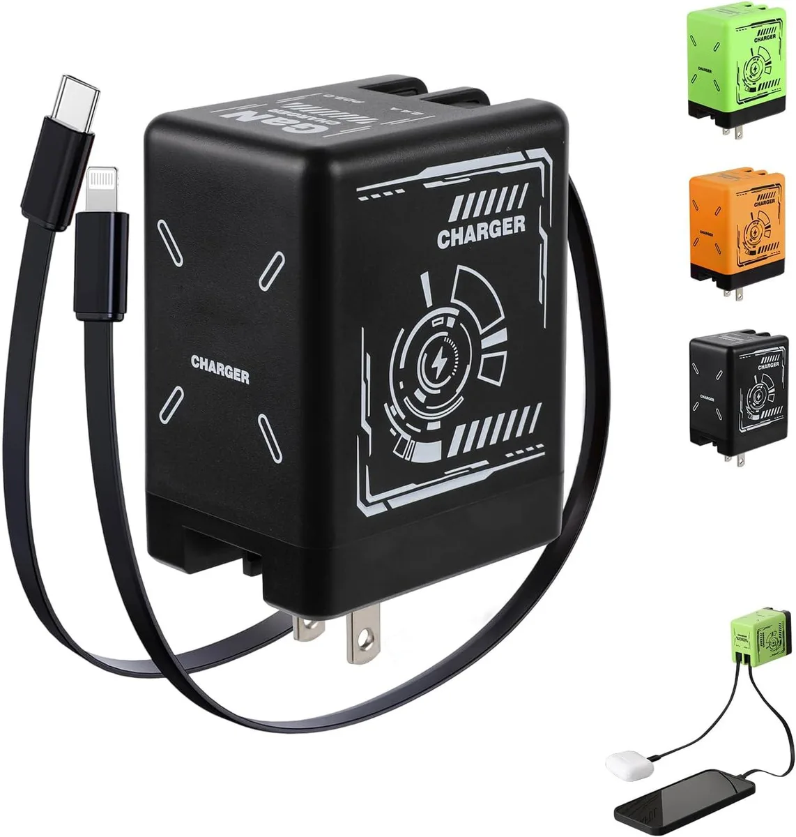 Black retractable wall charger with foldable plug and dual Lightning and Type-C cables