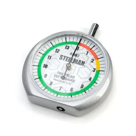 Transparent dial-type tread depth gauge with color-coded face and 1/32-inch markings
