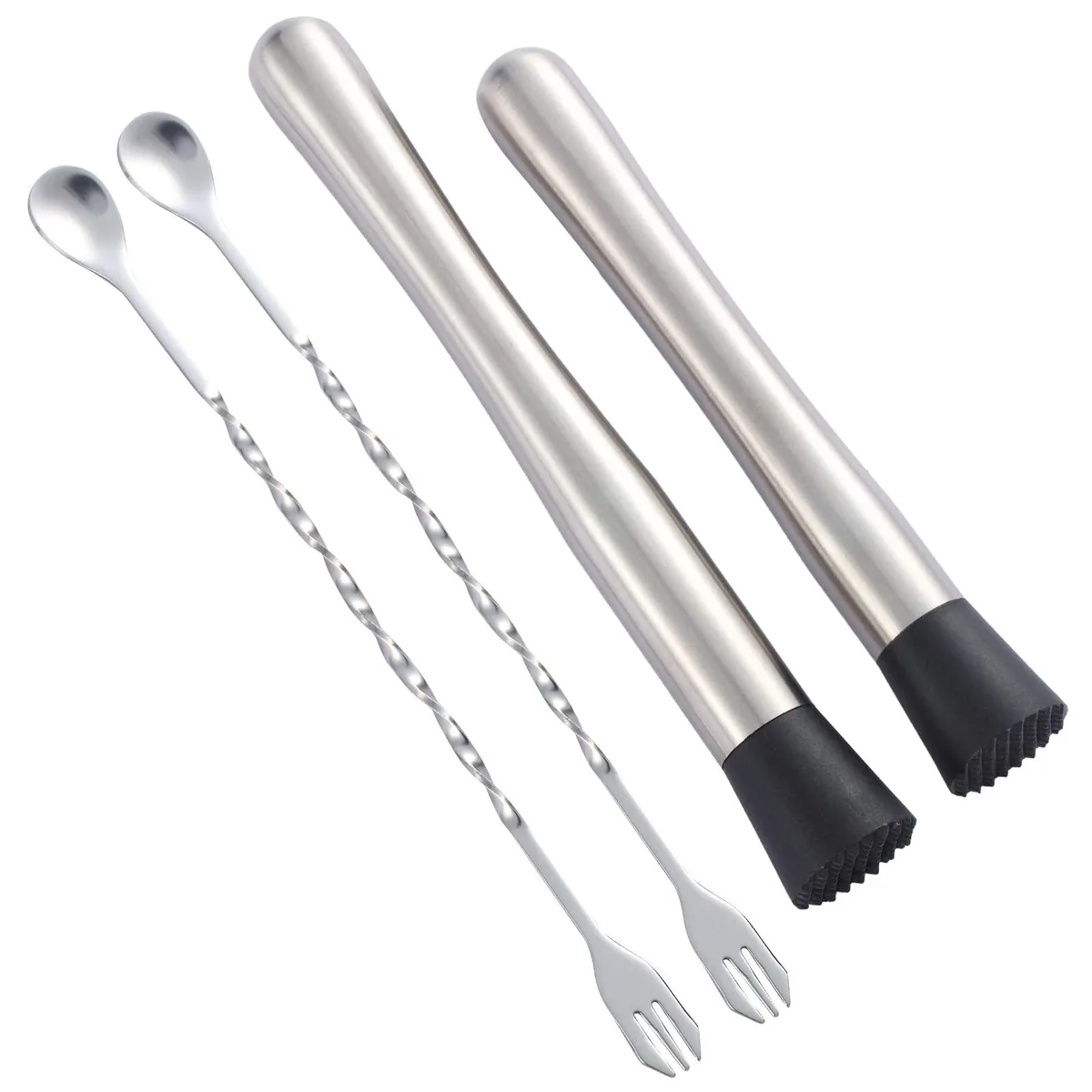 Black stainless steel 7-piece bar tool set with 10 inch muddler, 8 inch muddler and twisted spoons