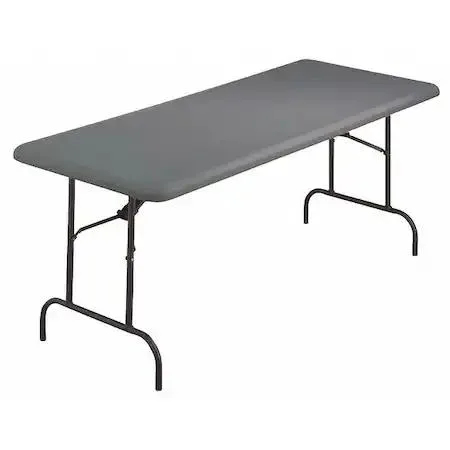 Charcoal rectangular folding table, 72 by 30 inches, silver wishbone legs