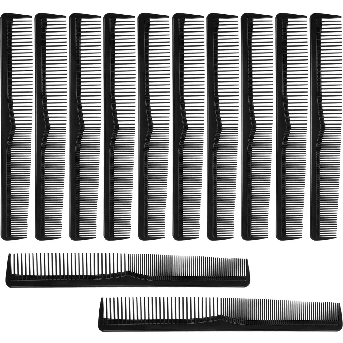 Twelve black plastic straight combs with fine and wide teeth