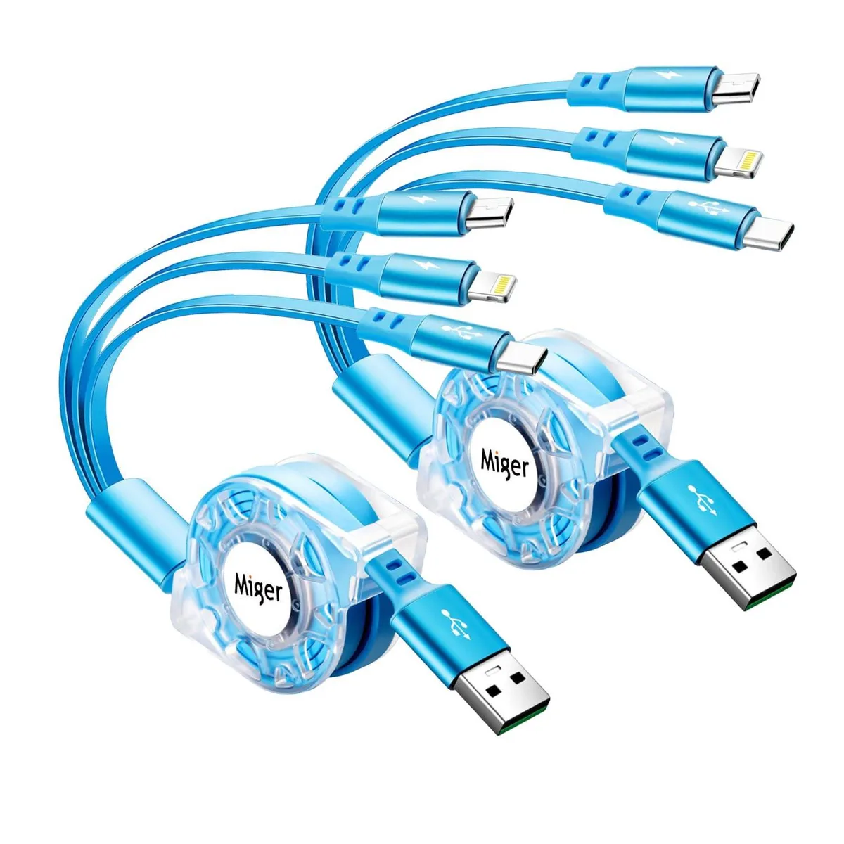 Mobee Mobee 3-in-1 Retractable USB-A to Lightning/USB-C/Micro-USB Cable 2-Pack 4ft 5.0A — product photo