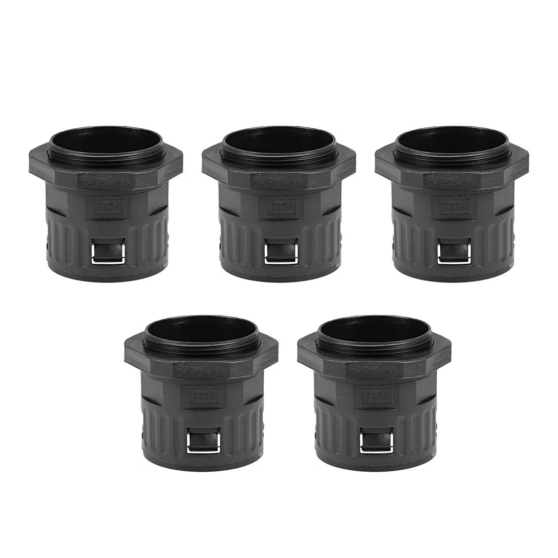 Five grey plastic PG36 conduit glands with ribbed bodies and threaded ends