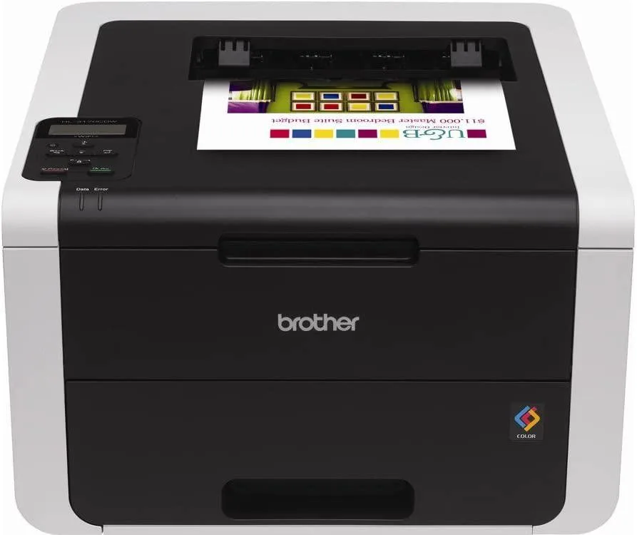 Compact white laser printer with top paper tray and front output slot