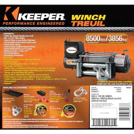Black 8500 lb electric winch with roller fairlead and remote with light