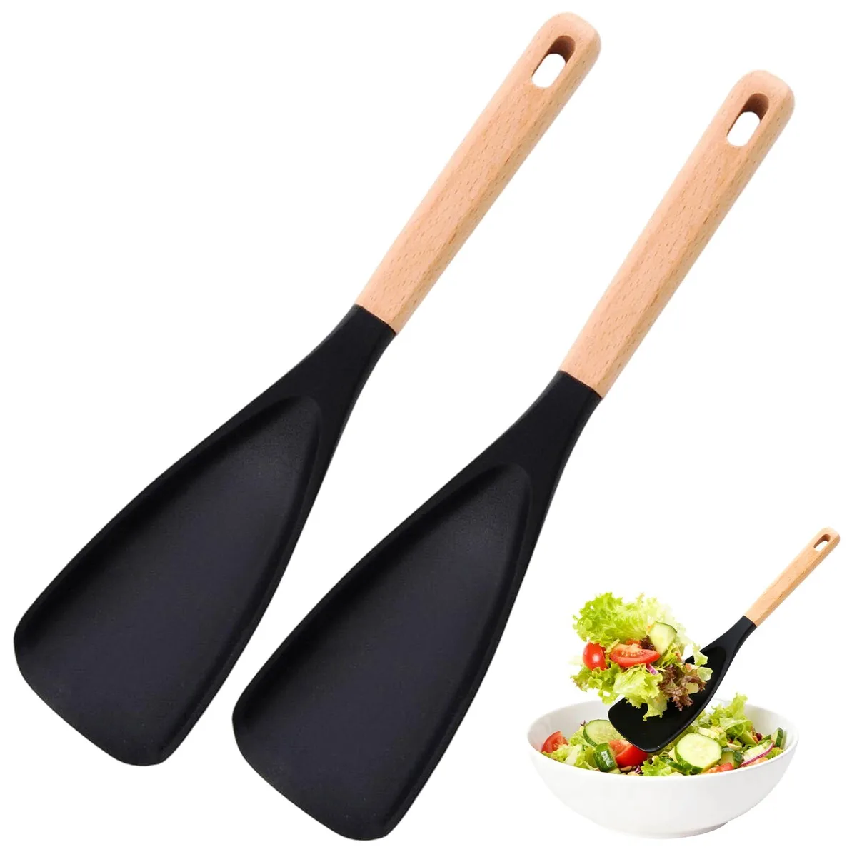 Two black silicone spoonulas with wooden handles