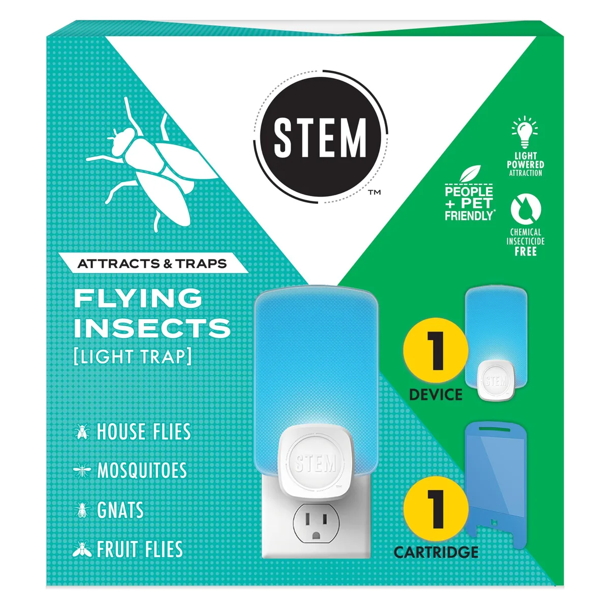 White plug-in insect trap with rotating body and soft blue UV light, includes cartridge