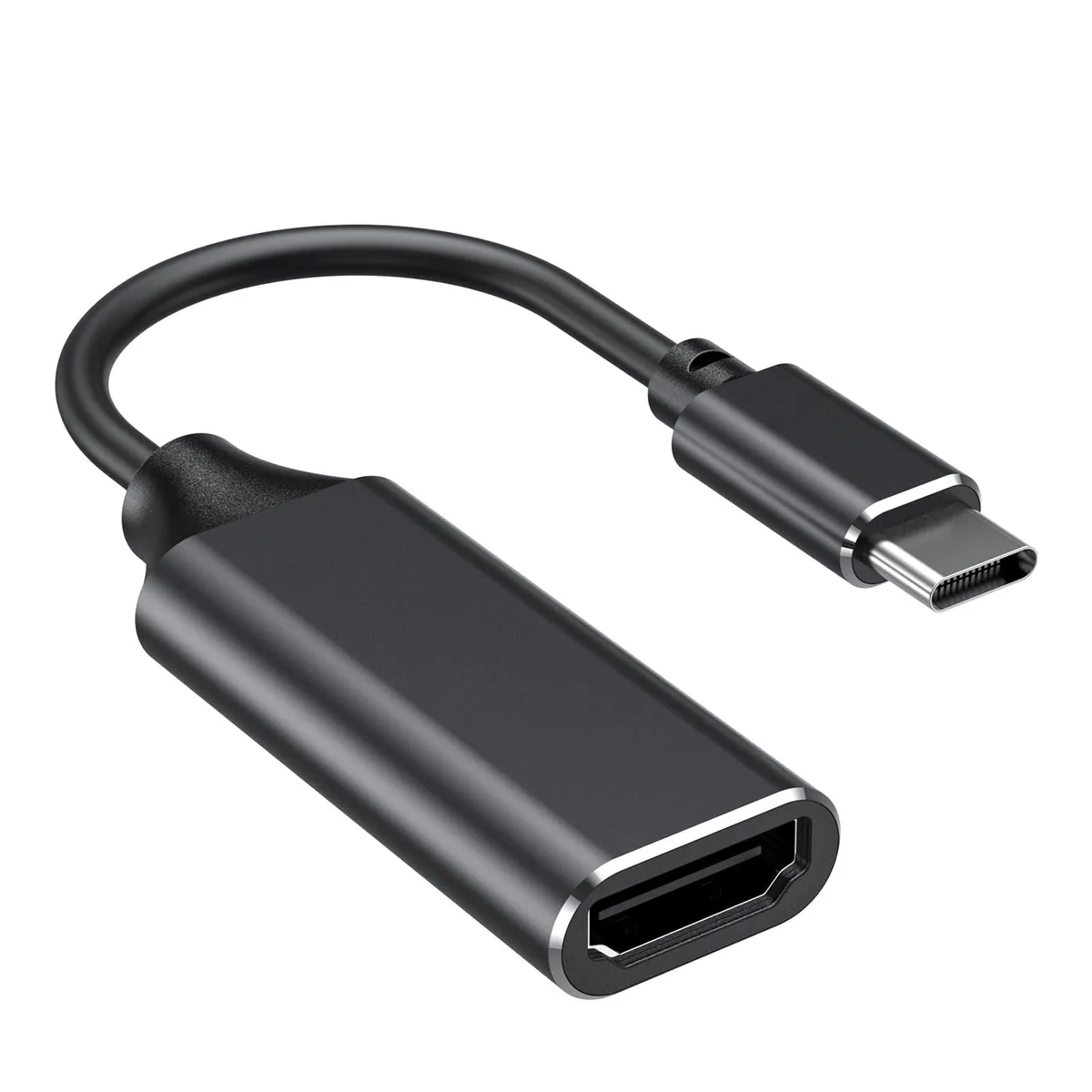 Small black USB-C to HDMI adapter with aluminium housing