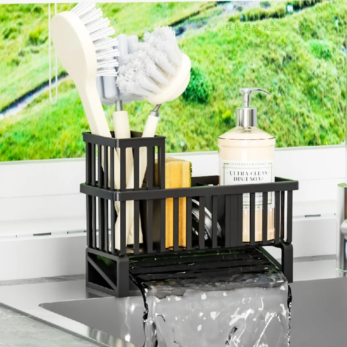 White plastic sink caddy with adjustable compartments, brush holder and non-slip feet