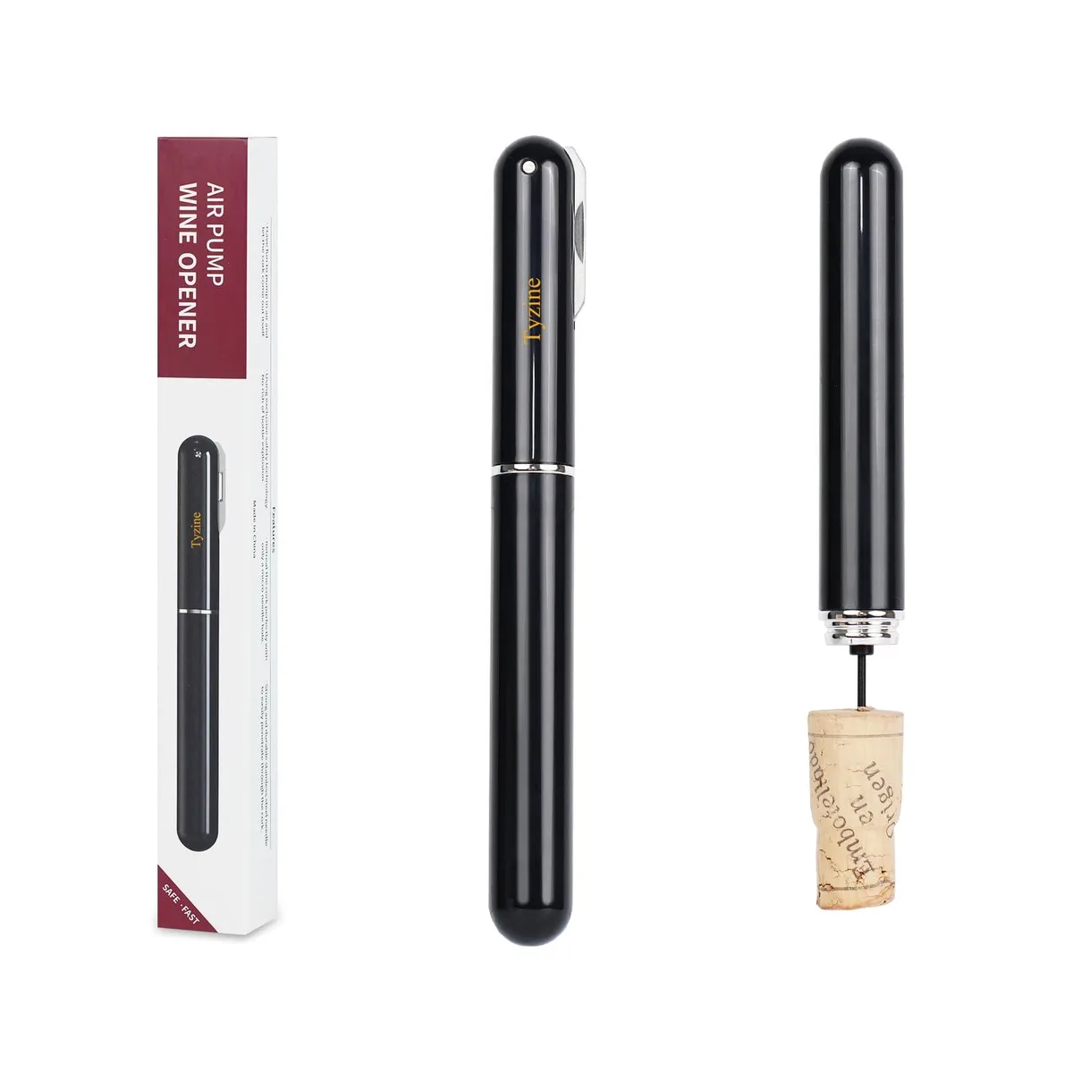 Black pen-shaped air pressure wine bottle opener with foil cutter