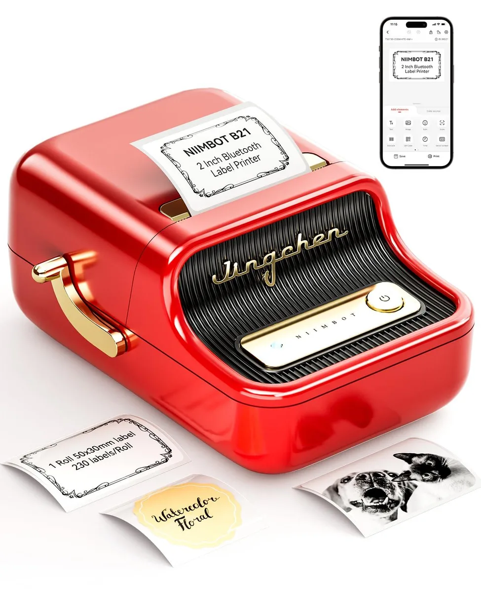 Compact red thermal label printer with retro styling, Bluetooth connectivity and 2 inch print width