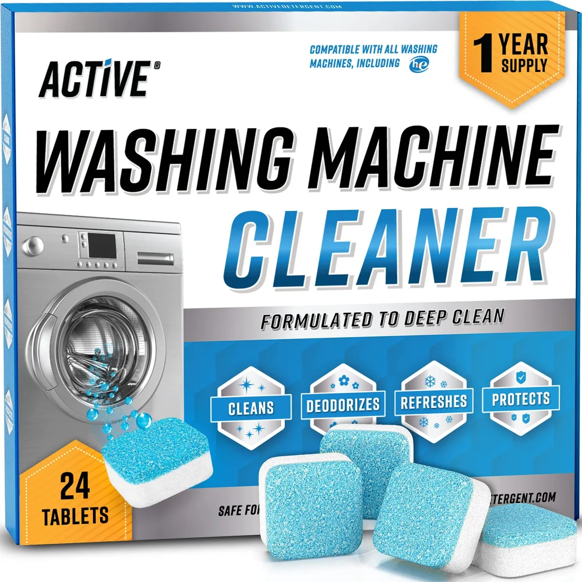 White box containing 24 washing machine cleaner tablets