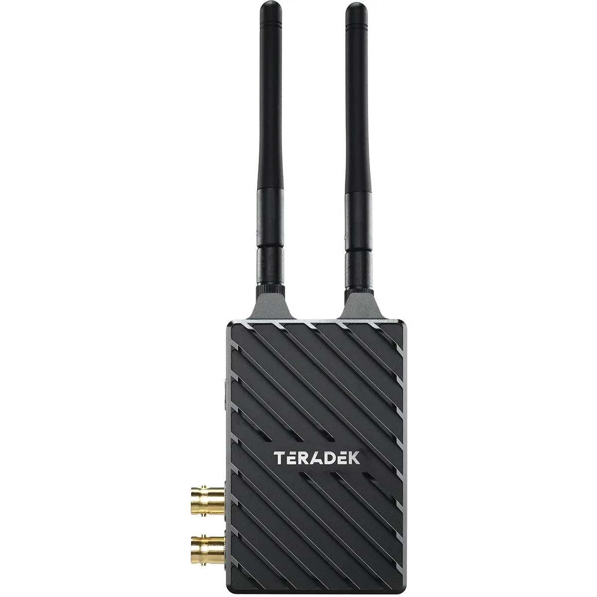 Compact black wireless video transmitter with 3G-SDI and HDMI ports, antenna array visible