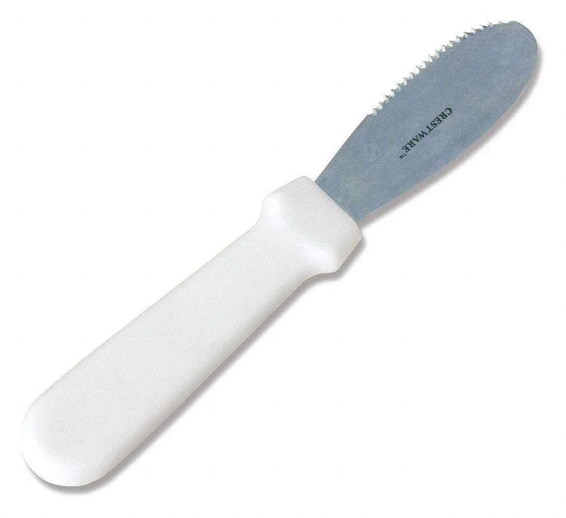 White-handled stainless steel spreader with straight blade