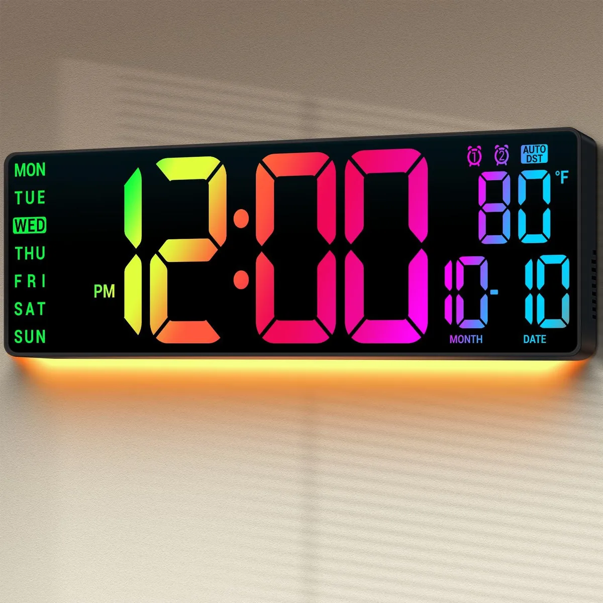Black rectangular digital wall clock with 16.5 inch RGB LED display and remote control