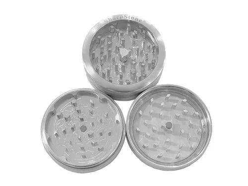 Silver 2.5 inch clear-top shredder, aircraft-grade aluminium, large two-piece design