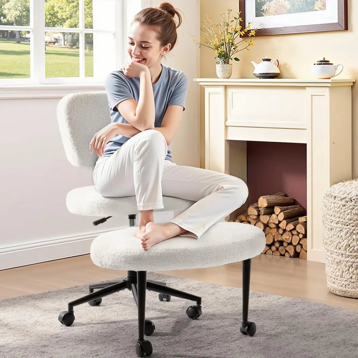 Vitesse cross-legged office chair in teddy fabric with wheels and adjustable backrest