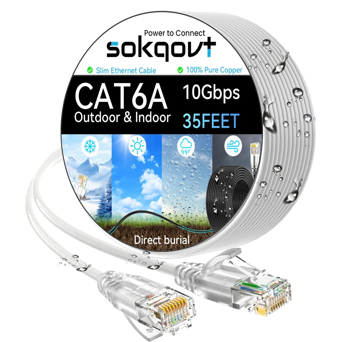 No Sew No Sew Cat6a Ethernet Cable Slim 35ft White 28AWG 10G 550MHz — product photo