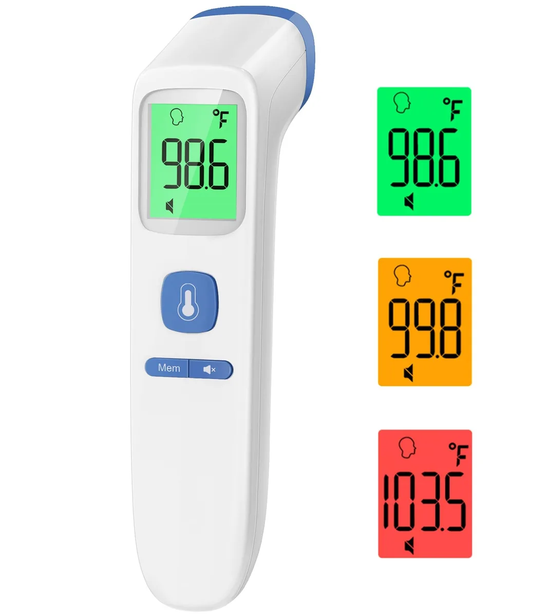 Blue handheld digital forehead thermometer with infrared sensor and LCD display