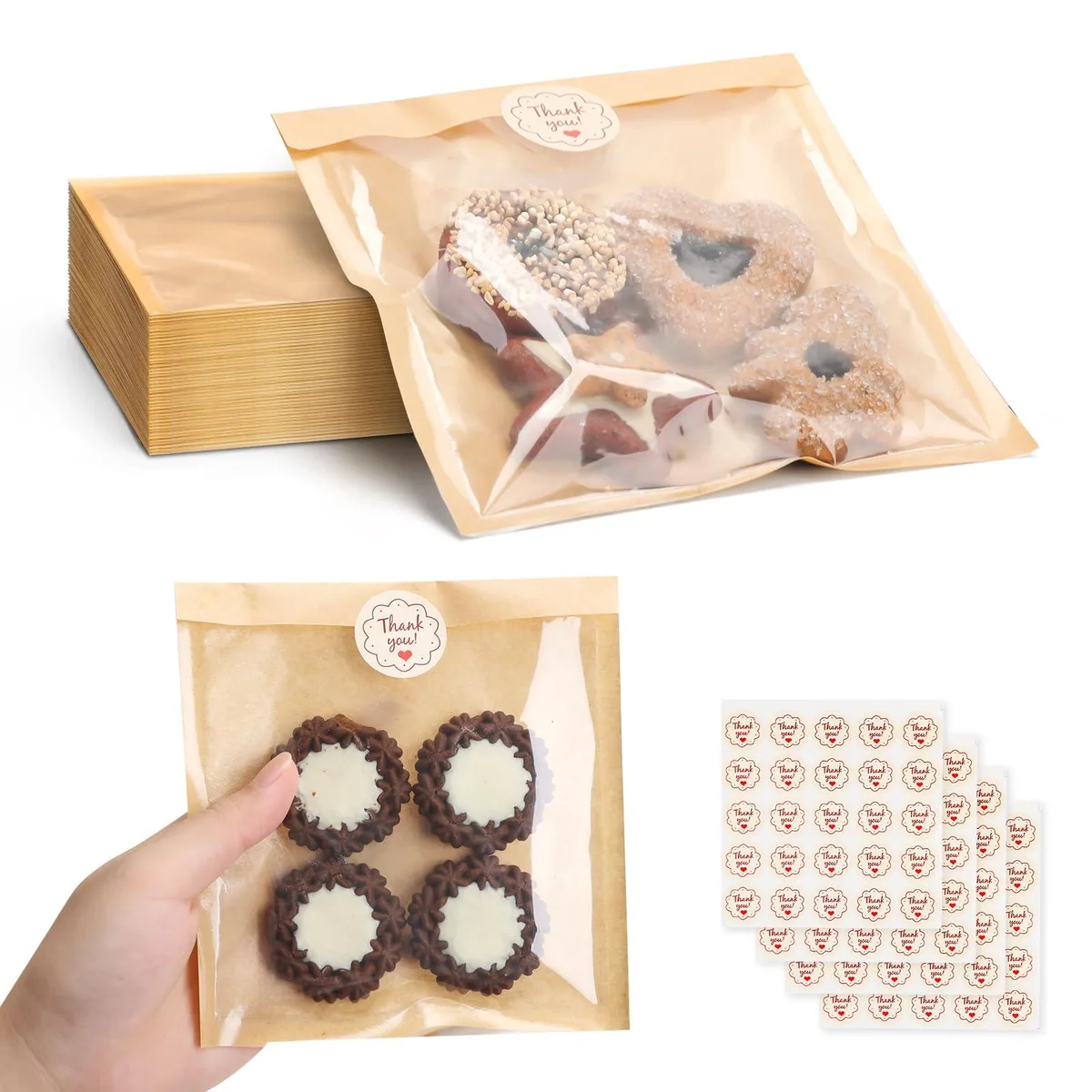 Red paper cookie bags with clear window and seal stickers 100 pack 7.1x7.5 inch