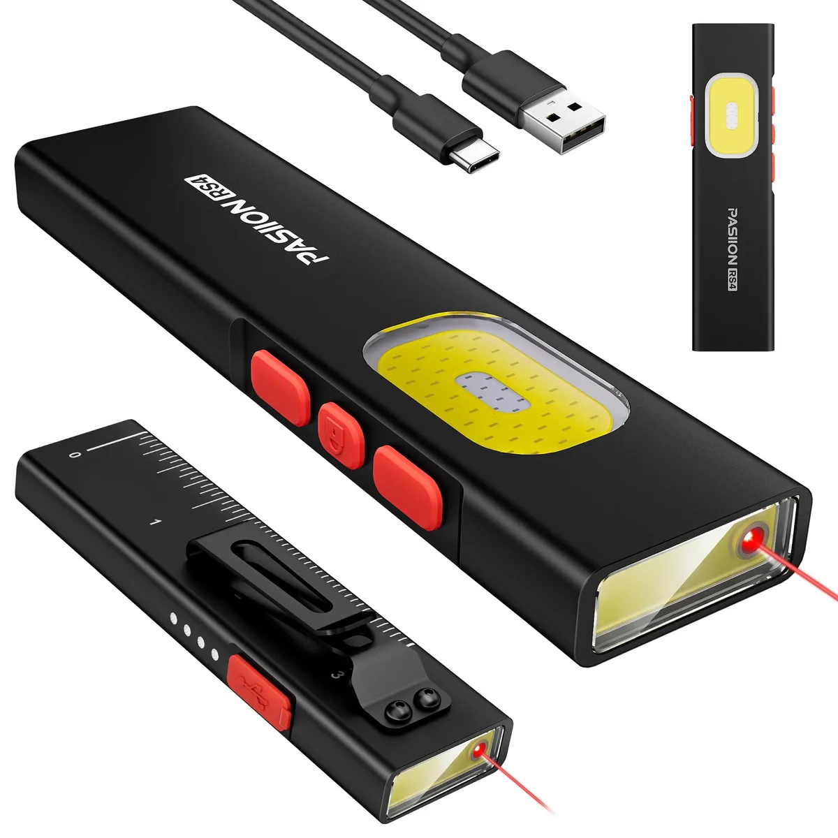 Flat rectangular EDC flashlight with magnetic base and dual clips, matte aluminium finish