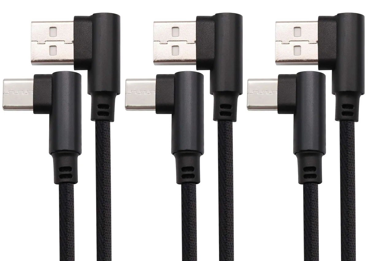 BUCIER BUCIER USB 2.0 Type C Male-to-Male Cable 90° 3 ft 2.4A 480 Mbps Nylon Braided Black 3-Pack — product photo