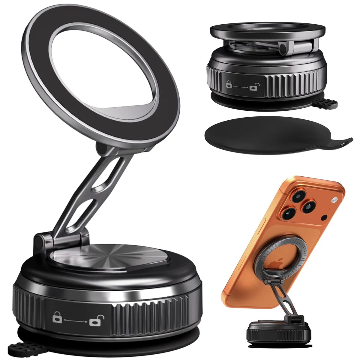 Weozhcie N55 phone mount, 108 lbs suction, 2800gf magnetic, 360° rotation, 210° fold, black — product photo