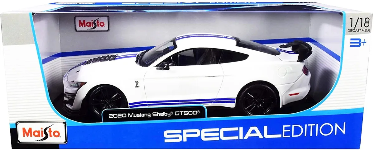 Maisto Maisto 2020 Ford Mustang Shelby GT500 White with Blue Stripes Special Edition 1/18 hobby collectible — product photo
