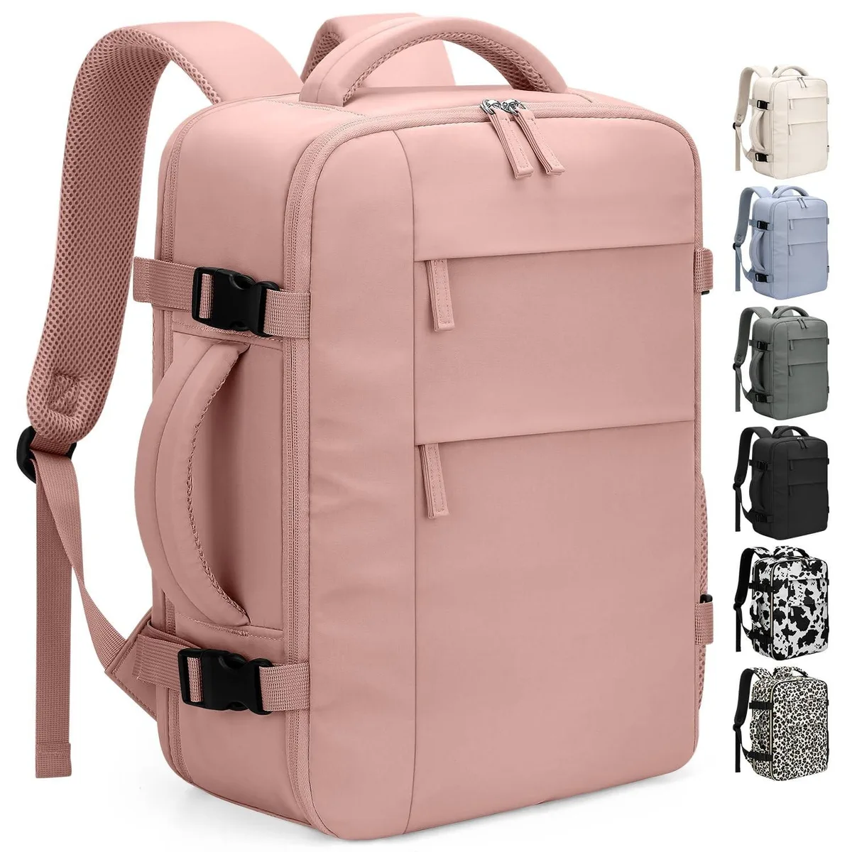 Pink medium travel backpack with padded 15.6 inch laptop compartment and side pockets