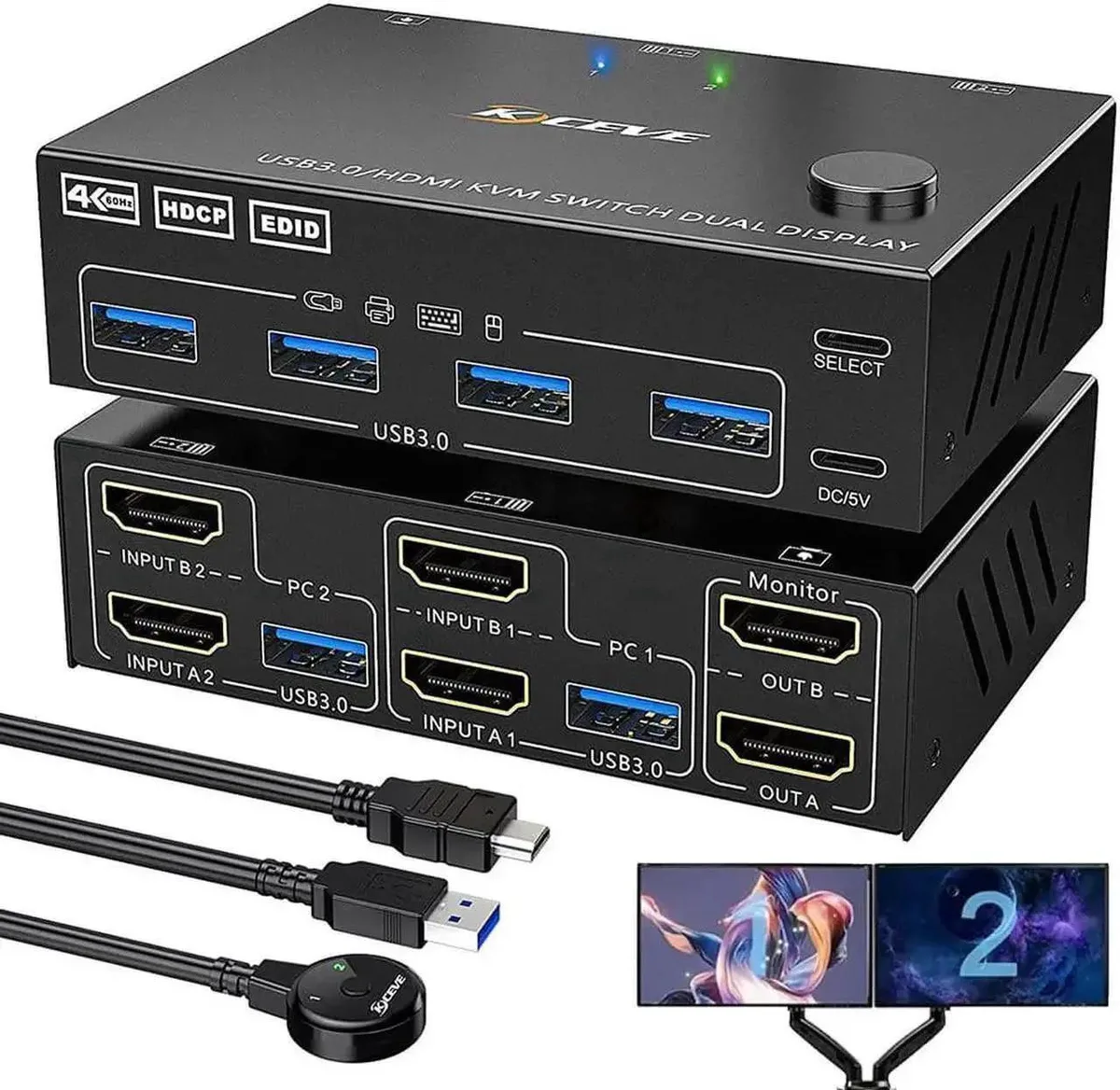 Vszerda Vszerda Dual Monitor HDMI KVM Switch 2 in 2 Out 4K 60Hz 4 USB 3.0 Wired Controller — product photo