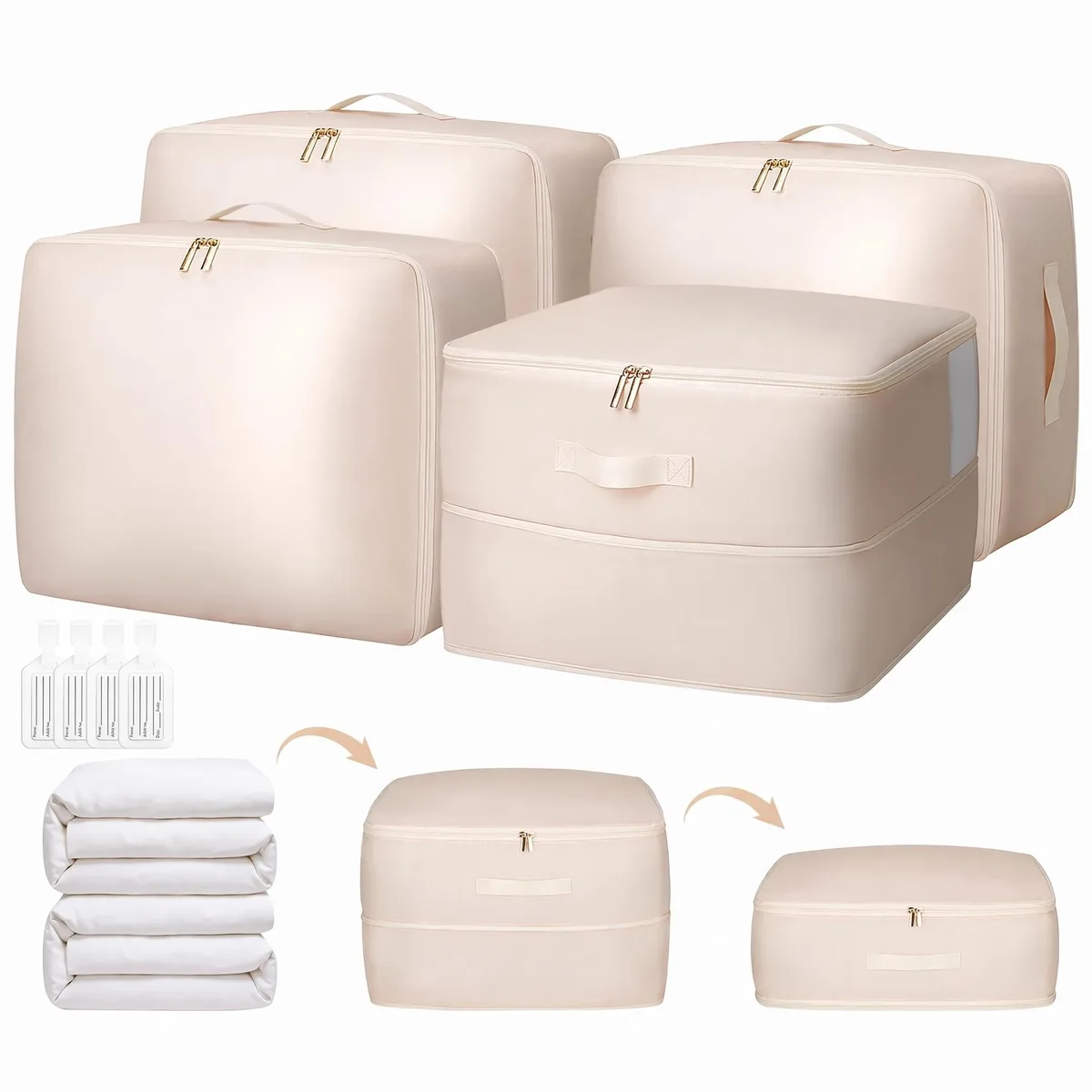Four beige fabric storage bags with clear windows and reinforced handles