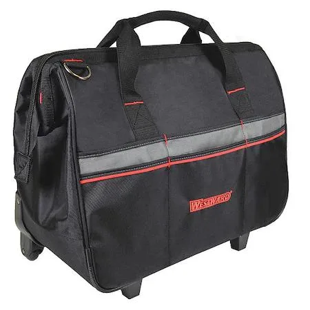 Black polyester tool bag with 21 pockets and removable padded shoulder strap