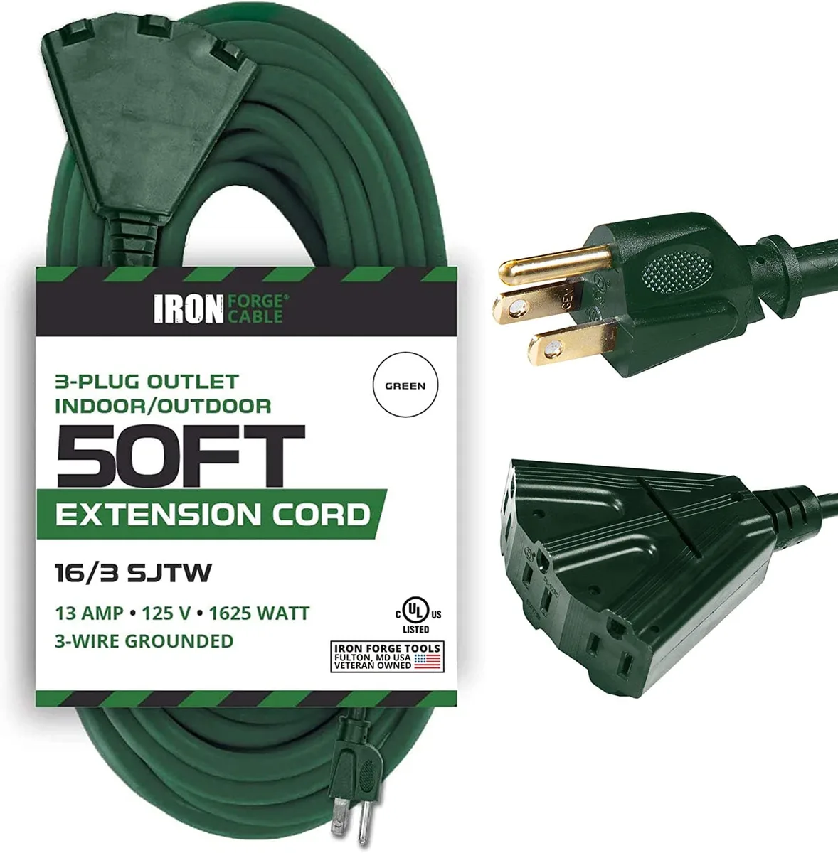BFKK BFKK 50 ft 16/3 SJTW Green Outdoor Power Extension Cord 3 Outlets — product photo