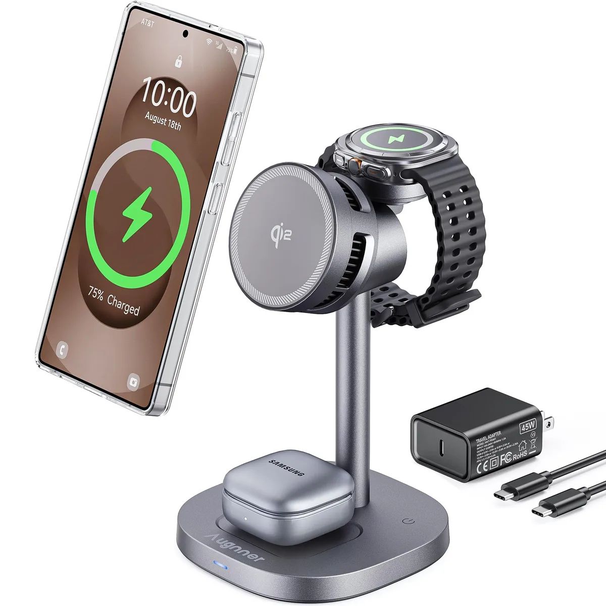 White rectangular 3-in-1 wireless charger with magnetic phone pad, watch stand, earbuds base, cooling vents
