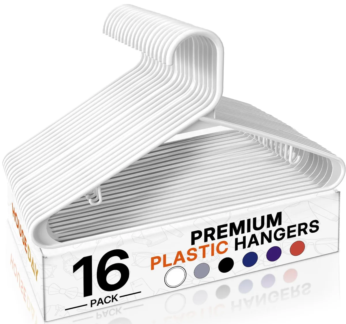 Sixteen white plastic coat hangers with dual hooks