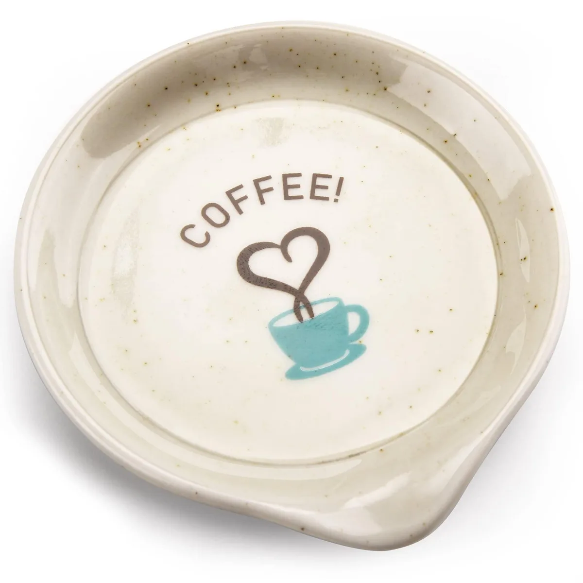 Small white ceramic spoon rest with blue cup pattern and the word coffee, lip edge, 3.5 inch wide