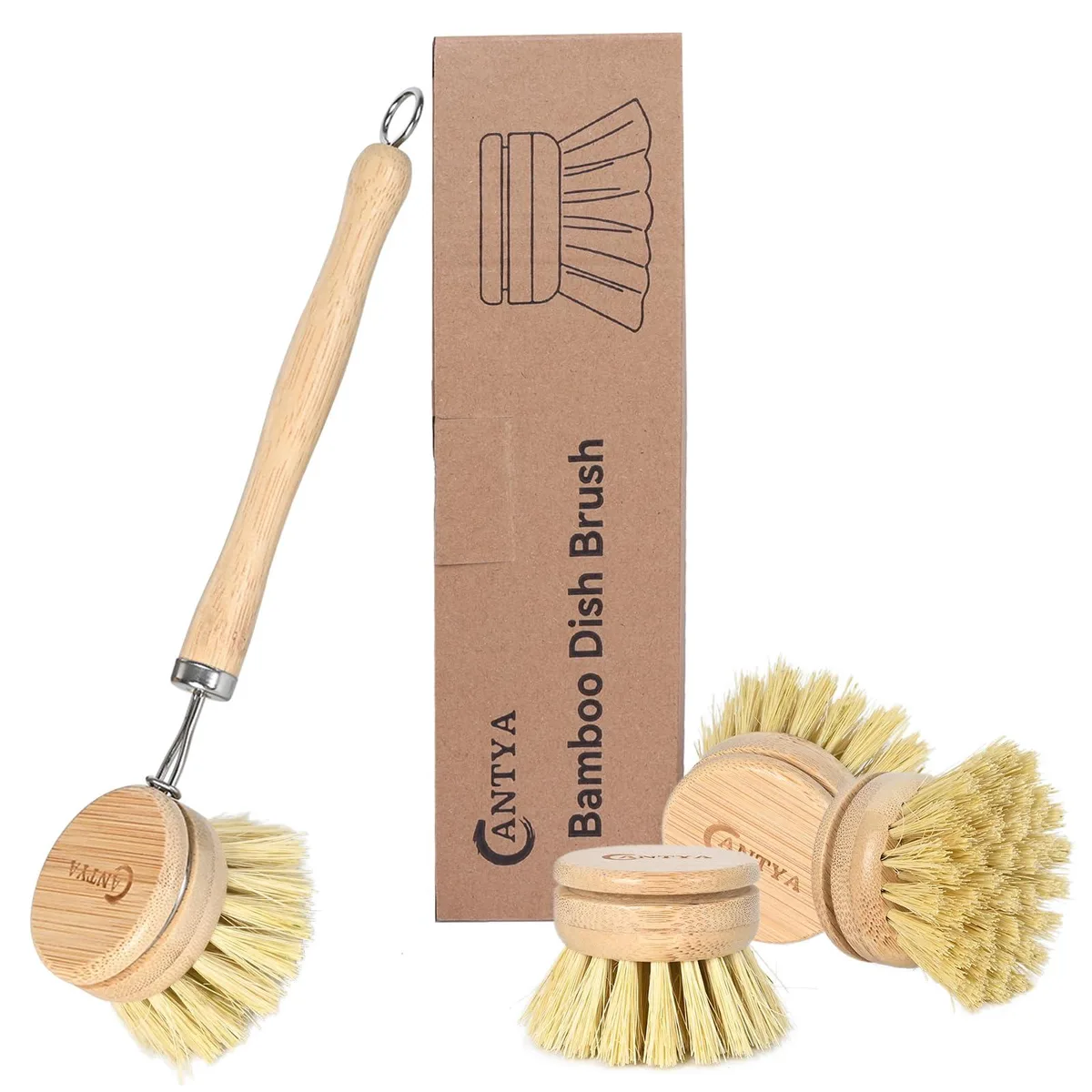 Bamboo dish brush with handle and replaceable heads