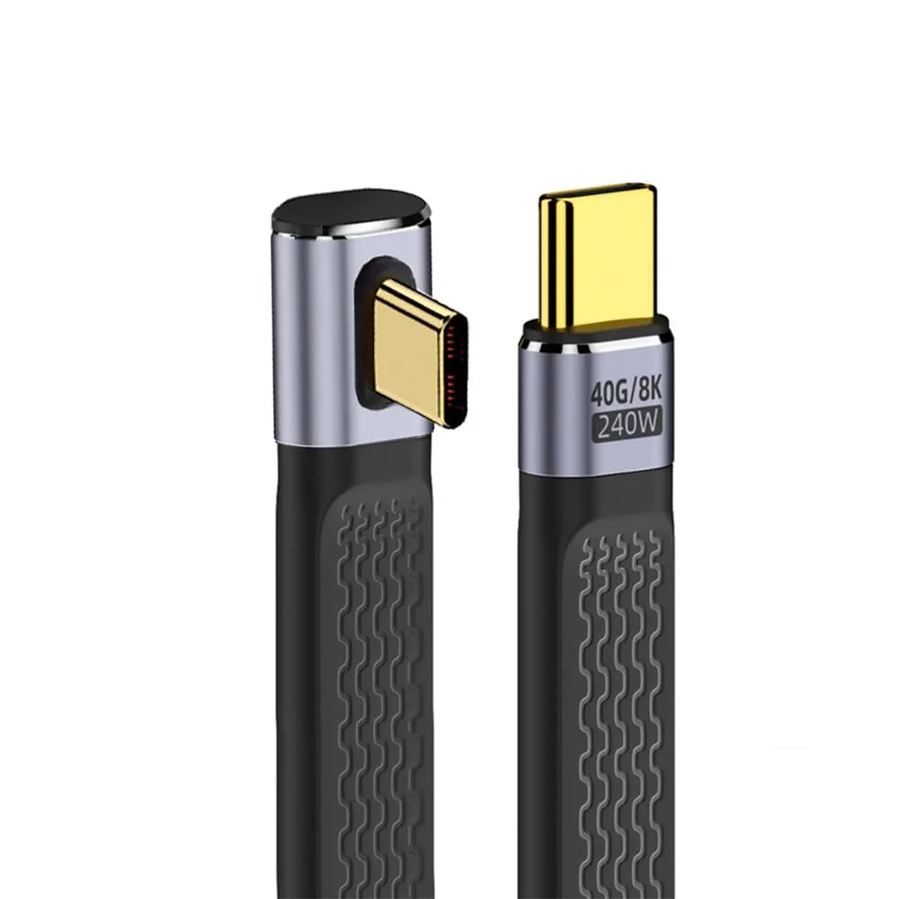 Short flat USB-C cable with right-angled alloy plugs, 13cm