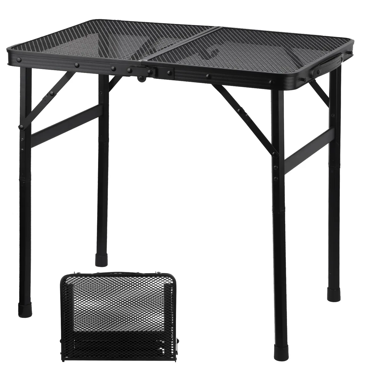 Black folding camping table with iron mesh top and aluminium alloy frame, folded flat showing compact rectangular shape